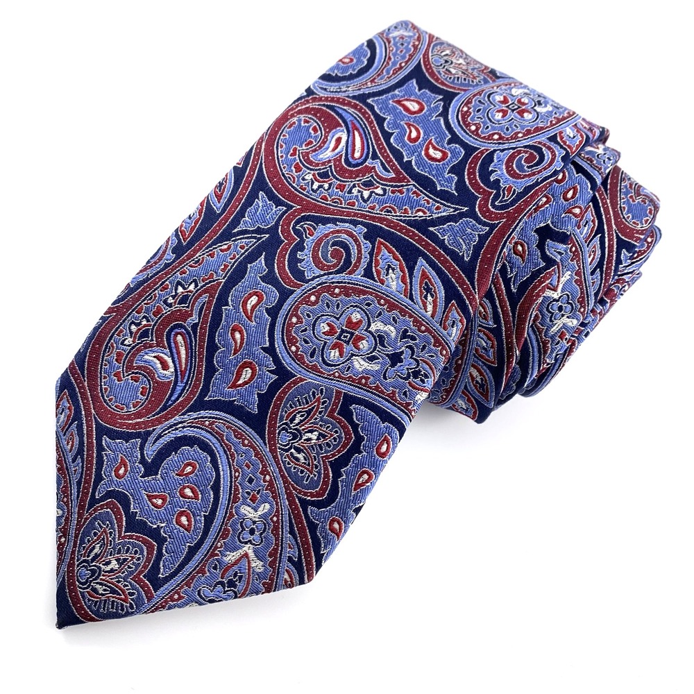 Tasso Elba SCA Mens Tie Navy Lt Blue Burgundy Paisley 100% Silk Handmade Necktie